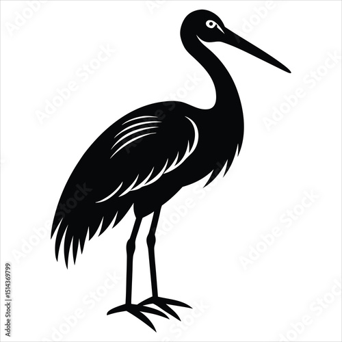 heron bird silhouette stork silhouette black vector illustration, Stork silhouette, Isolated stork on white background