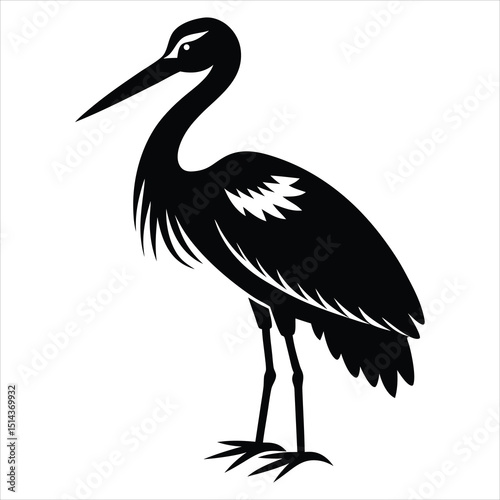 heron bird silhouette stork silhouette black vector illustration, Stork silhouette, Isolated stork on white background