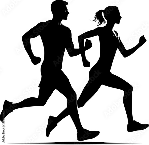Running man and woman, isolated vector silhouettes. Run, side view. Silhouettes of athletic looking male and female runners running. EPS 10 version.
