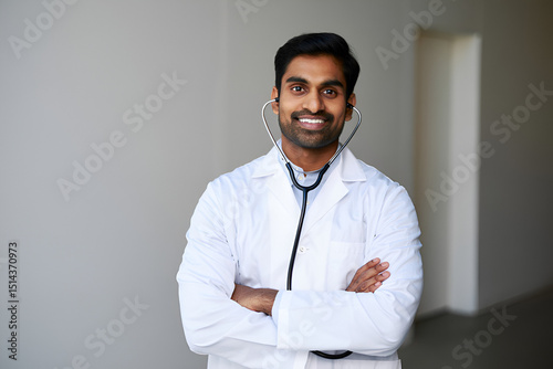 Confident indian doctor with stethoscope wearing white coat and smiling at the camera