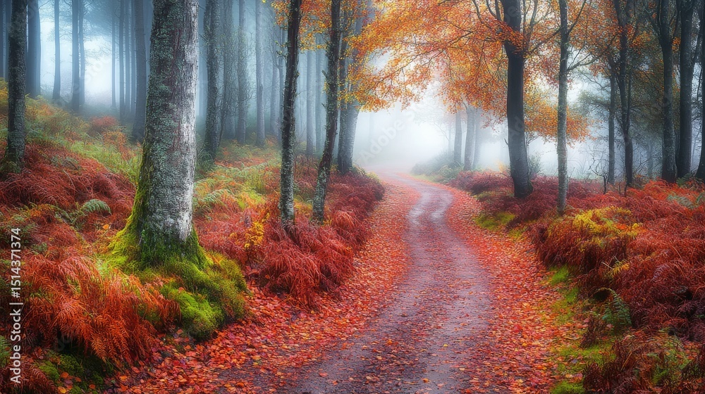 Fototapeta premium Enchanting autumn path winds through a serene forest. The vibrant oranges and reds blend beautifully with the misty atmosphere. Nature invites you to explore. Generative AI