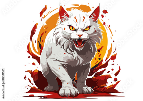 Fierce White Cat Illustration Glaring Eyes, Aggressive Posture, Artistic Digital Painting