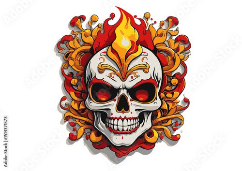 Flaming Skull with Ornate Floral Design Fiery Skull Illustration
