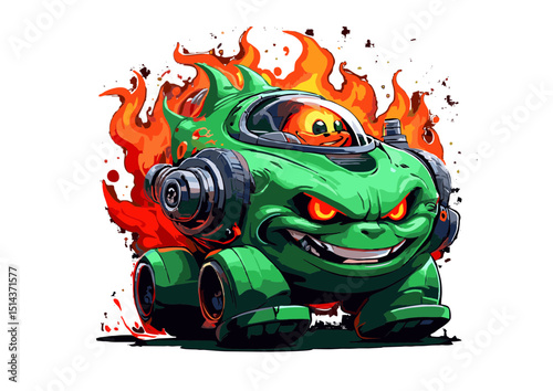 Fiery Green Monster Truck Cartoon Illustration  A Hilarious and Intense Digital Art Piece