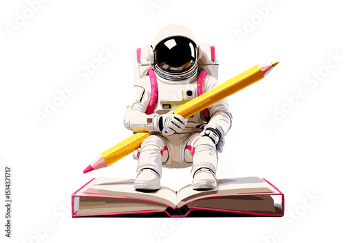 Astronaut with Giant Pencil on Open Book Creativity in Space Exploration