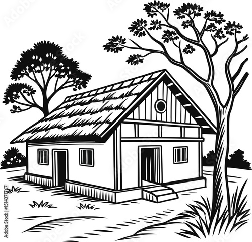 Architectural house and trees landscape illustration with a cottage in a winter village scene