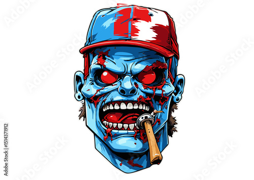 Horrific Zombie Baseball Player Illustration Gory Headshot with Cigar