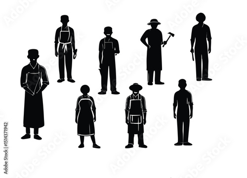 black vector silhouettes of apron-wearing workers