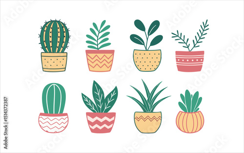 vector illustration of eight potted cacti and leafy plants