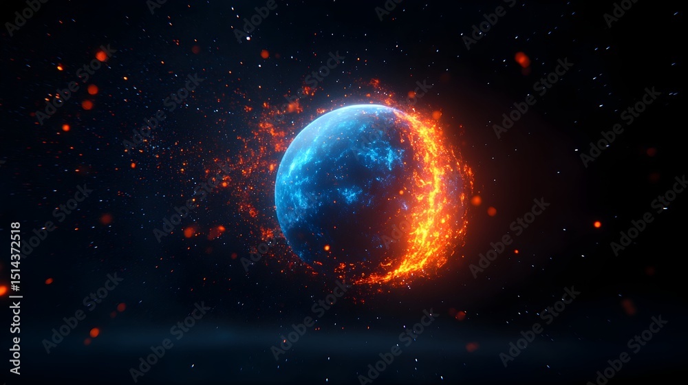 Obraz premium A celestial body, half engulfed in vibrant blue energy, the other half ablaze with fiery orange and red flames, surrounded by glowing particles in a dark space