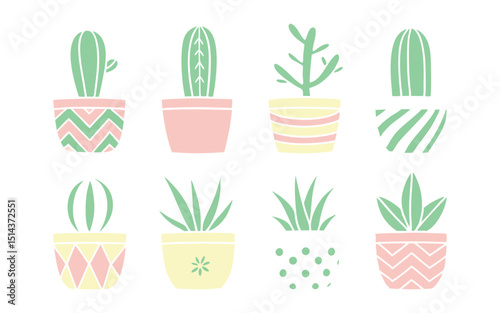 pastel vector illustrations of potted cacti and succulents