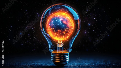 A lightbulb contains a fiery, galaxy-like orb against a dark, starry backdrop.  The image evokes cosmic energy and brilliant ideas