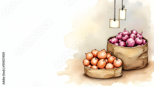 Merchant Displaying Printed Price Tags on Onion and Potato Bins for Transparent Market Pricing - Photo Stock Concept with Empty Left Space