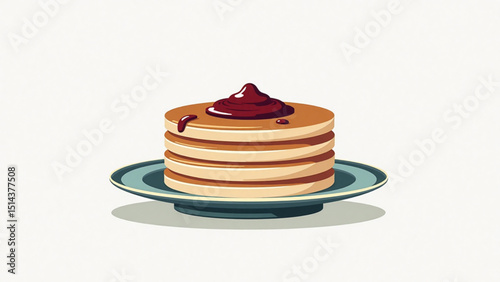 Stack of fluffy pancakes topped with syrup on a decorative plate in a delightful illustration