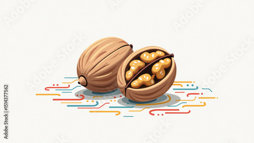 Open walnut showing delicious inner meat, illustrated on a vibrant and colorful background