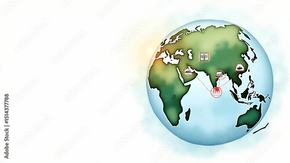 Fototapeta premium Globe Visualization of Environmental Threats: Emergency Icons & Risk Zones Illustrating Climate Hazards on Planet Earth - Photo Stock Concept with Empty Space Left