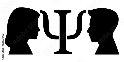Psychology concept vector showing male and female profiles with psi symbol. Ideal for mental health, therapy, psychological research, human mind analysis, and educational illustration.