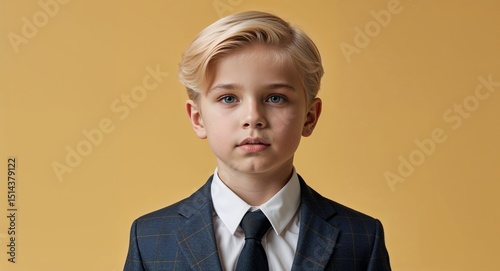 blonde boy in formal concept on yellow plain bright background kid child young fashion outfit commercial photoshoot pose with copy space