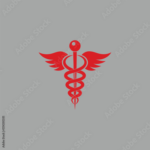 A red caduceus symbol featuring a vertical staff topped with a circular sphere, flanked by two wings. Below the wings, a double helix intertwines around the staff, all set against a light gray backgro