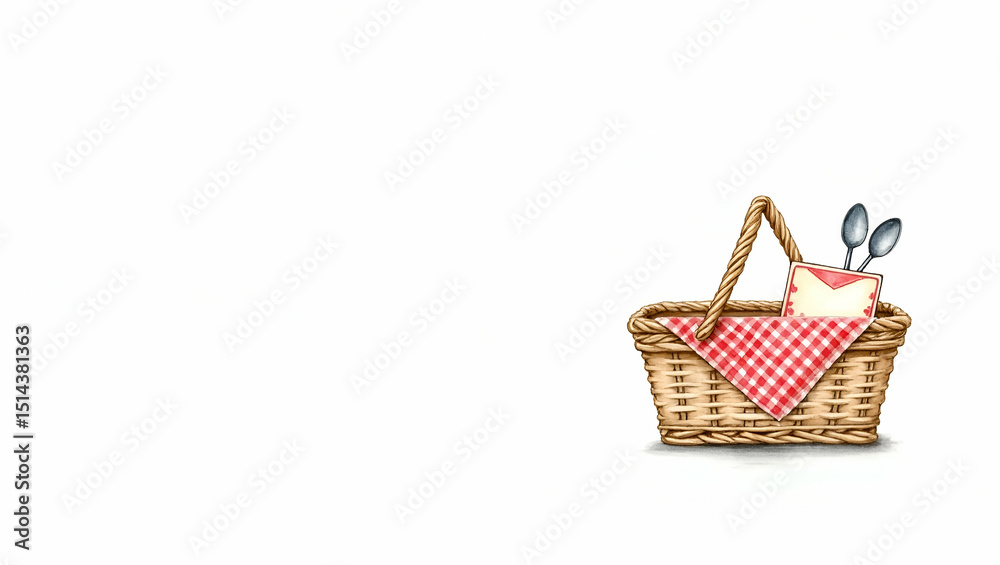 Obraz premium Charming Watercolor Painting of a Wicker Picnic Basket with Red and White Checkered Napkin, Letter, and Two Spoons - Perfect for Stock Photo Use with Empty Space for Text