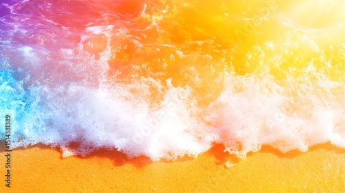 Vibrant ocean wave washing ashore on a sunlit sandy beach, exhibiting a rainbow-like color effect