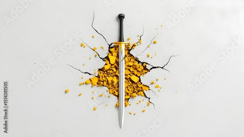 A silver sword with a black hilt punctures a cracked, light-grey surface, revealing a burst of yellow-gold fragments beneath photo