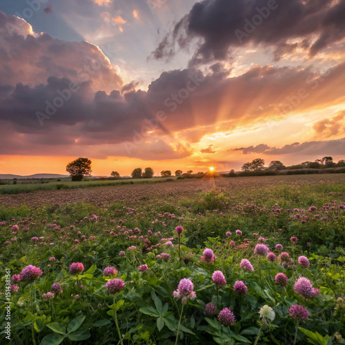 Beautiful sunset over field of blossoming clover incarnate