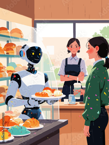 Cozy Korean bakery cafe with display case of fresh bread, serving robot delivering assorted Korean pastries