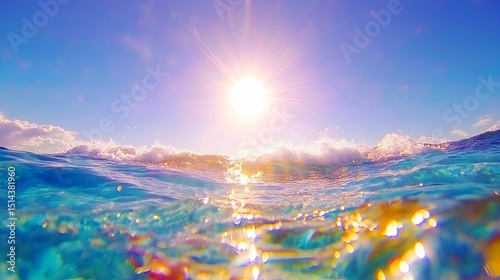 Vibrant underwater perspective of sunlit ocean waves, showcasing turquoise water, bright sunlight, and rainbow-like refractions