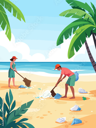 People cleaning sandy beach flat color vector illustration Polluted seashore clean up Volunteers collecting garbage
