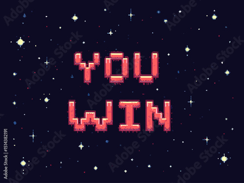 Pixel game win screen Retro 8 bit video game interface with You Win text, computer game level up background 