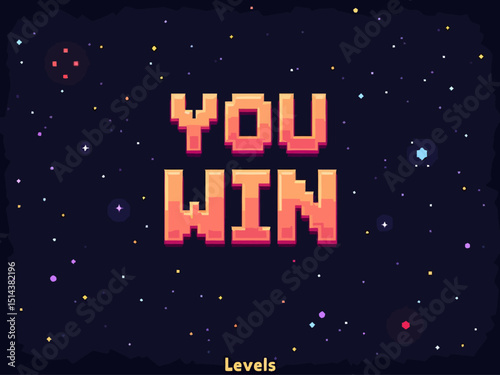 Pixel game win screen Retro 8 bit video game interface with You Win text, computer game level up background 