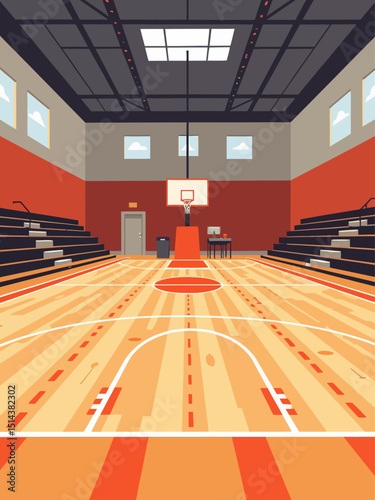 School gym flat color vector illustration Gymnasium with parquet floor for sports games Space for exercising Basketball court