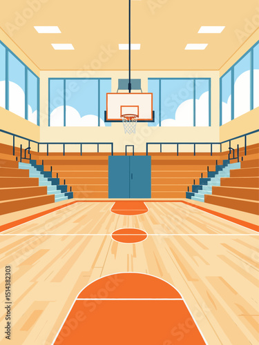 School gym flat color vector illustration Gymnasium with parquet floor for sports games Space for exercising Basketball court