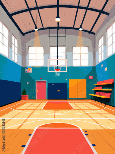 School gym flat color vector illustration Gymnasium with parquet floor for sports games Space for exercising Basketball court