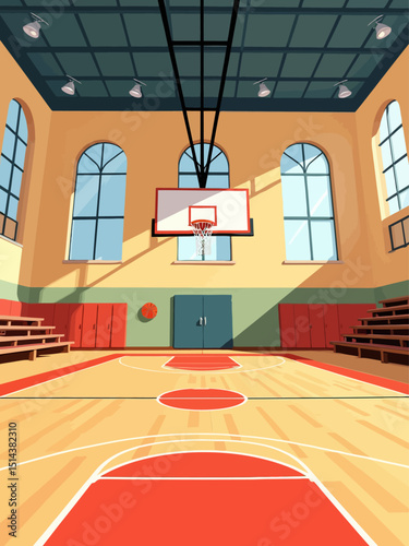 School gym flat color vector illustration Gymnasium with parquet floor for sports games Space for exercising Basketball court