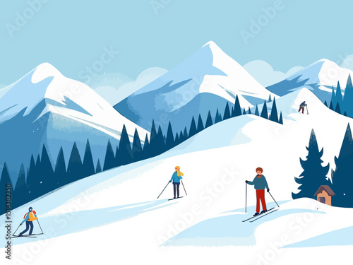 Ski resort holiday flat color vector illustration Wintertime vacation Snow mountains landscape