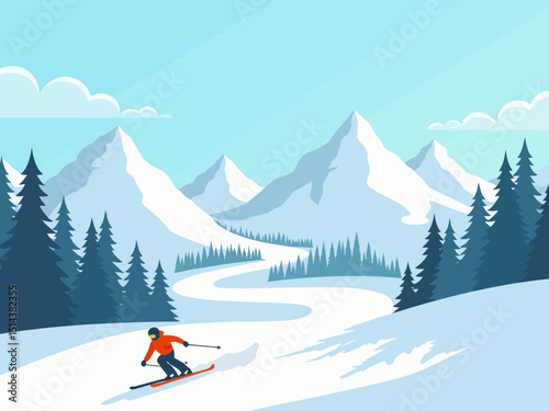 Ski resort holiday flat color vector illustration Wintertime vacation Snow mountains landscape