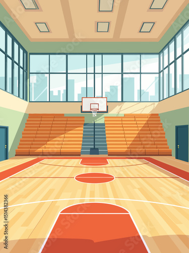 School gym flat color vector illustration Gymnasium with parquet floor for sports games Space for exercising Basketball court