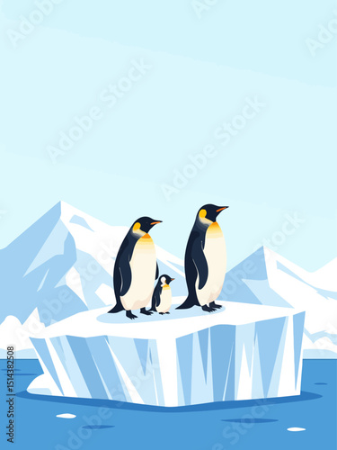 South pole wildlife flat vector illustration Emperor penguins family on cracked iceberg
