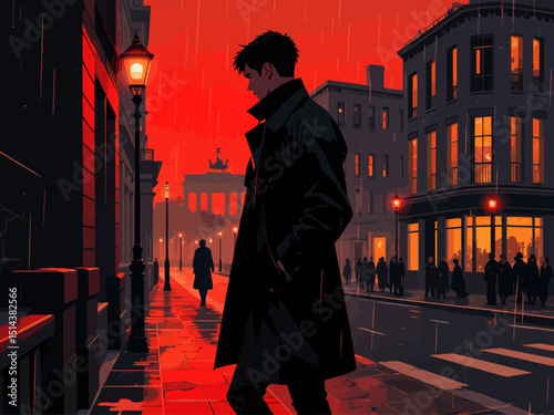 A lone secret agent in a dark trench coat stands under a rain-soaked streetlamp, Berlin cityscape blurred in the background