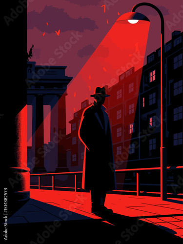 A lone secret agent in a dark trench coat stands under a rain-soaked streetlamp, Berlin cityscape blurred in the background