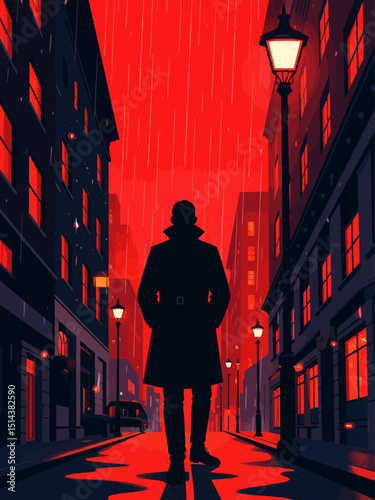 A lone secret agent in a dark trench coat stands under a rain-soaked streetlamp, Berlin cityscape blurred in the background