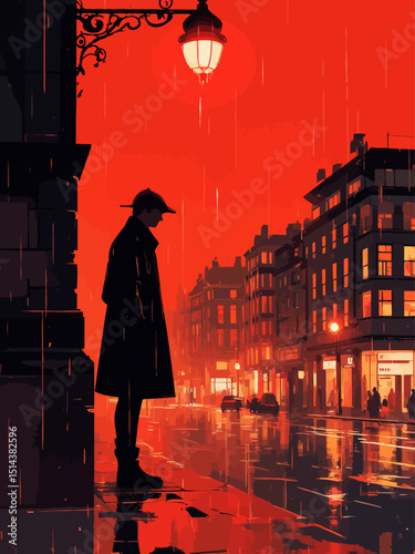 A lone secret agent in a dark trench coat stands under a rain-soaked streetlamp, Berlin cityscape blurred in the background