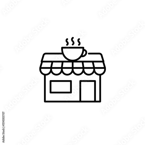 Coffee shop illustration with a steaming cup on the roof  