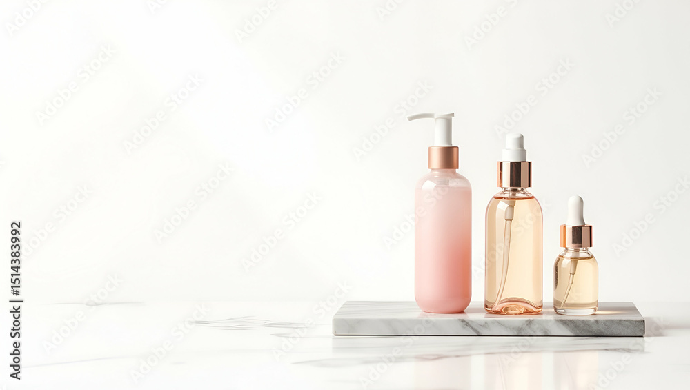 Naklejka premium Elegant Minimalist Personal Care Campaign: Pastel Lotion, Hand Cream & Body Oil on Marble Slab with Soft Shadows - Perfect for Moms | Stock Photo Concept with Ample Empty Space