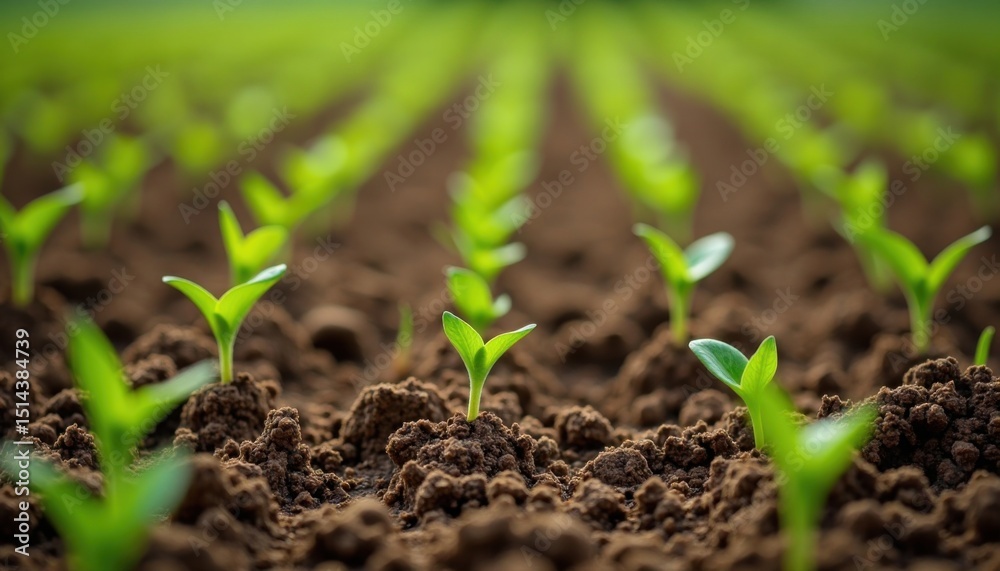 Close-up shows rows of vibrant green seedlings emerging from fertile brown soil in a field. Close-up shows rows of vibrant green seedlings emerging from fertile brown soil in a field.