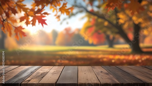 Fototapeta Naklejka Na Ścianę i Meble -  Autumn background wooden table with blurred fall foliage