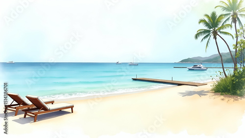 Professional composition illustrating private beach estate featuring secluded shoreline chaise lounges discreet access path and distant yacht under calm sea conditions in  Photo Stock  Concept  and em