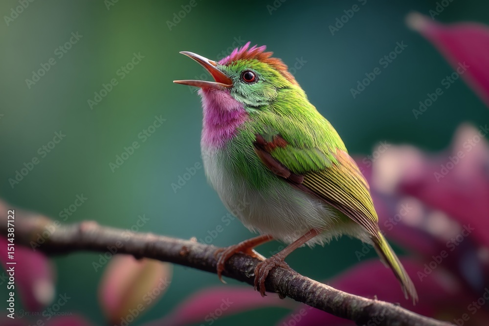 Fototapeta premium Vibrant Green and Pink Hummingbird Perched on Branch